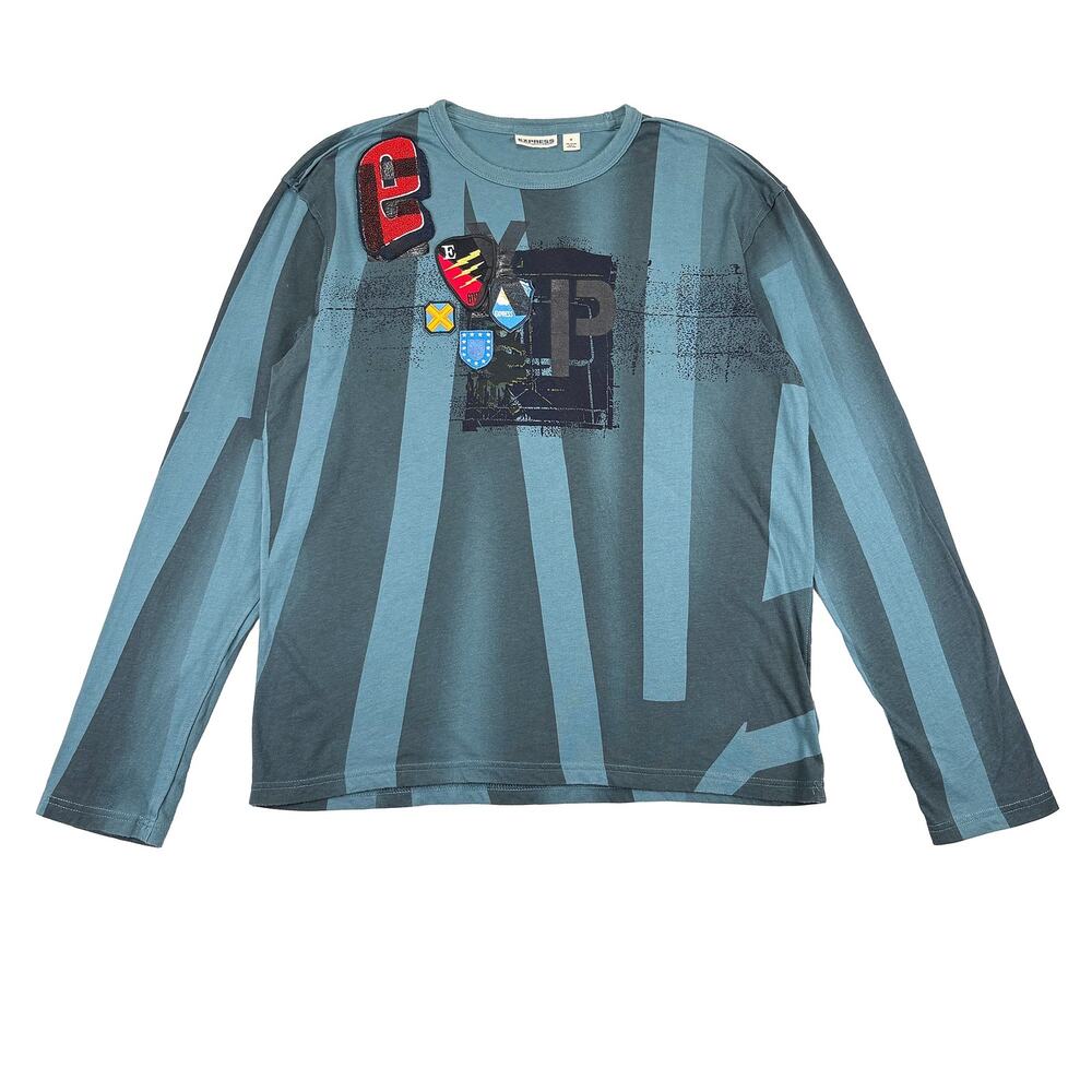 Express Graphic Tee VTG Mens M Blue Long Sleeve Y2K Streetwear Grunge Hong Kong
